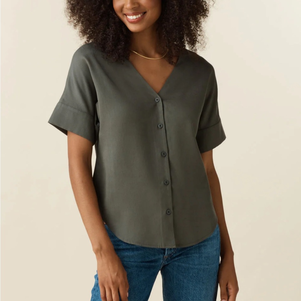 Olive Green V-Neck Button-Up Women's Top
